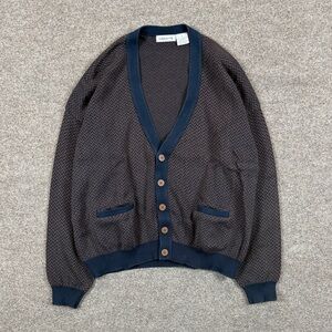 Vintage Navy Brown Herringbone Knit V-Neck Grandpa Dad Cardigan Sweater Men’s M